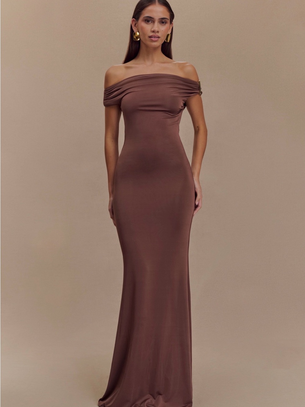 MESHKI Maxi Dress Off-Shoulder Brown Evening Gown